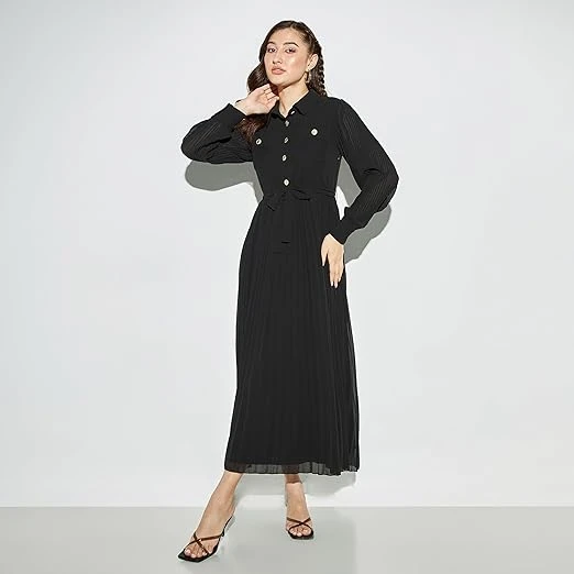 Women Pleated Midi A-Line Dress With Collar And Belt Tie-Ups