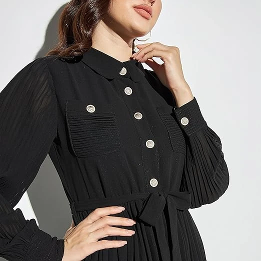 Women Pleated Midi A-Line Dress With Collar And Belt Tie-Ups