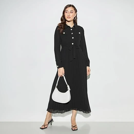 Women Pleated Midi A-Line Dress With Collar And Belt Tie-Ups